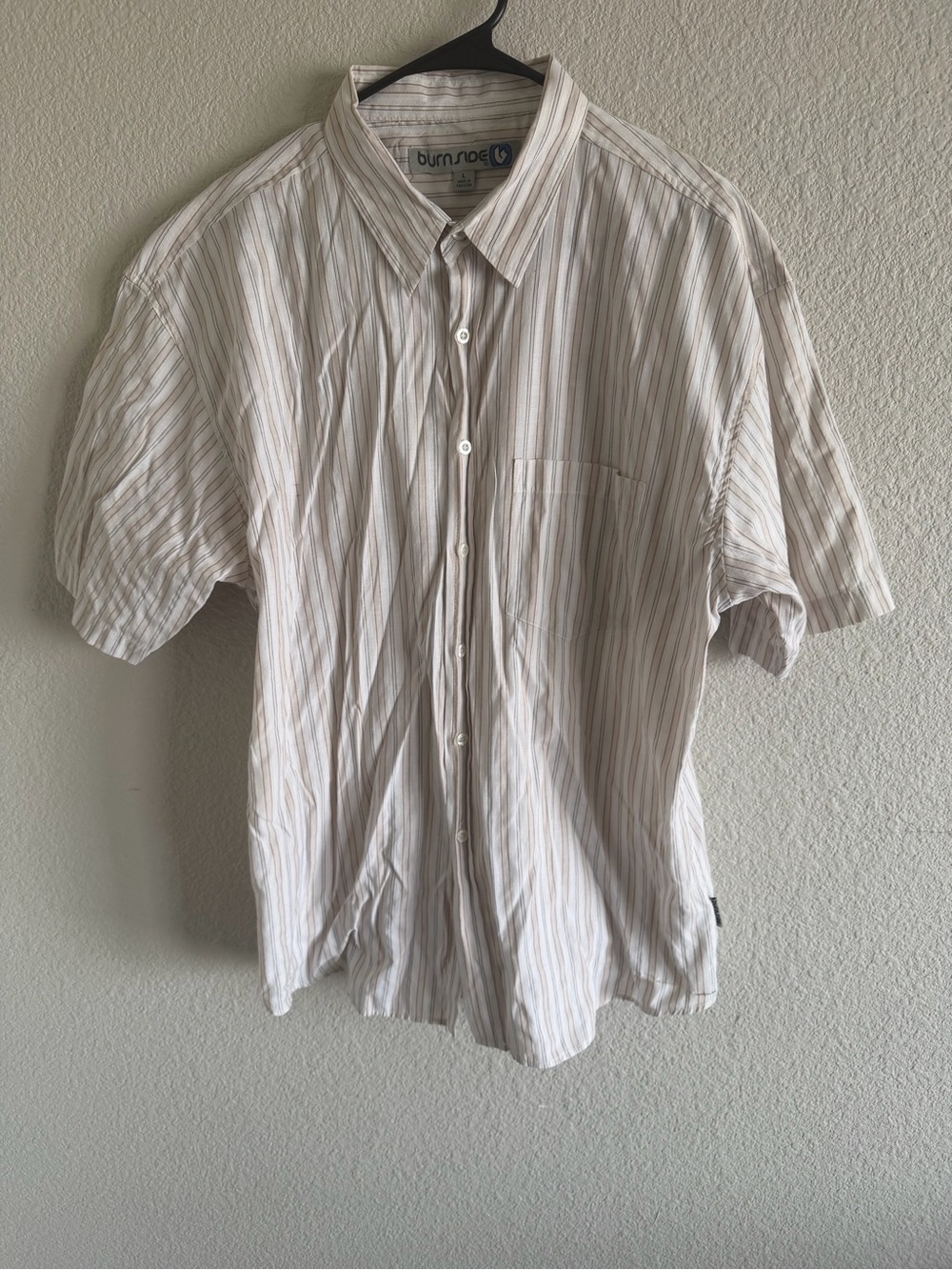 burnside White Short-Sleeve Button-Up Shirt with Subtle Tan and Blue Stripes